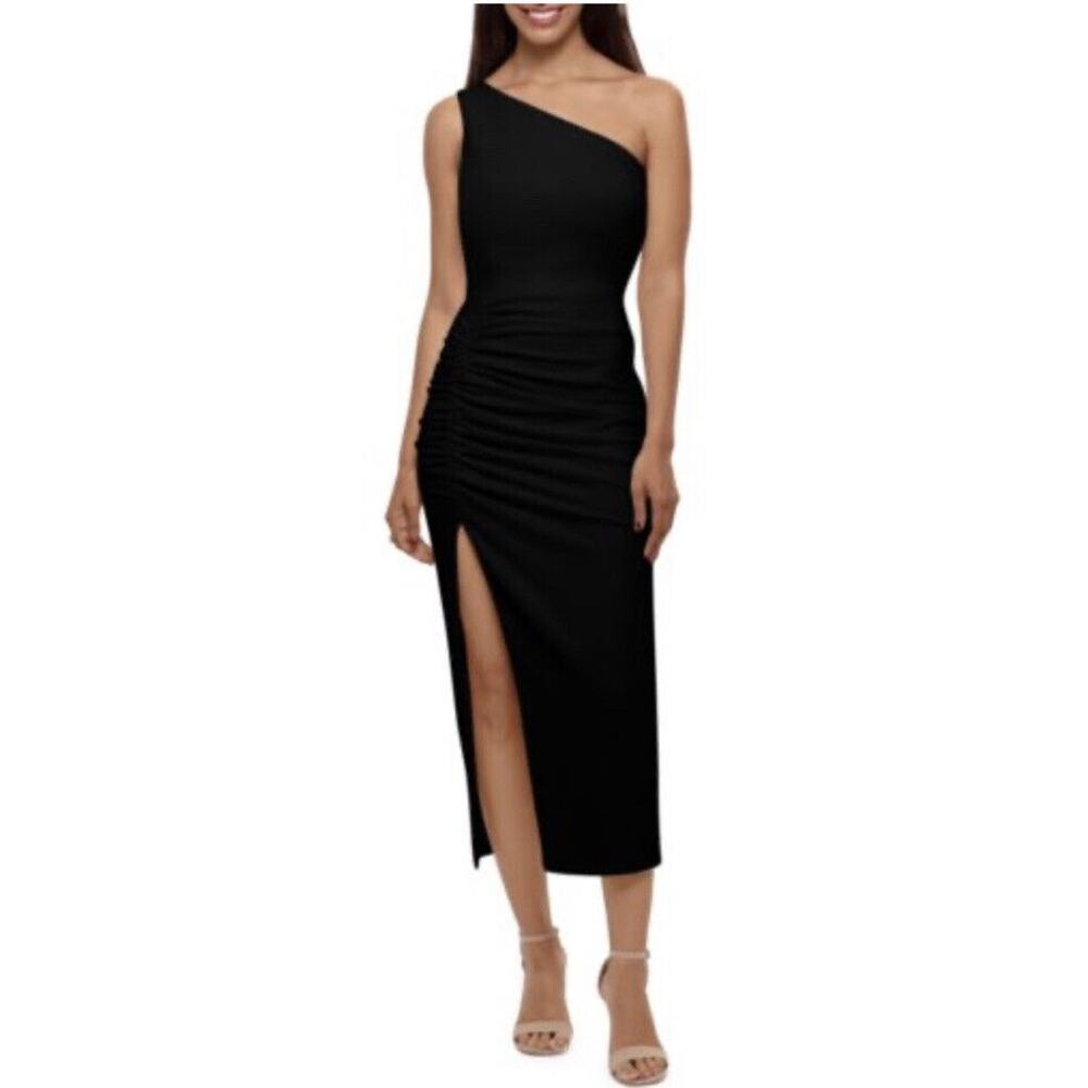 Betsy & Adam Black One Shoulder Cut Out High Slit Ruched Midi Dress Sz 6 New
